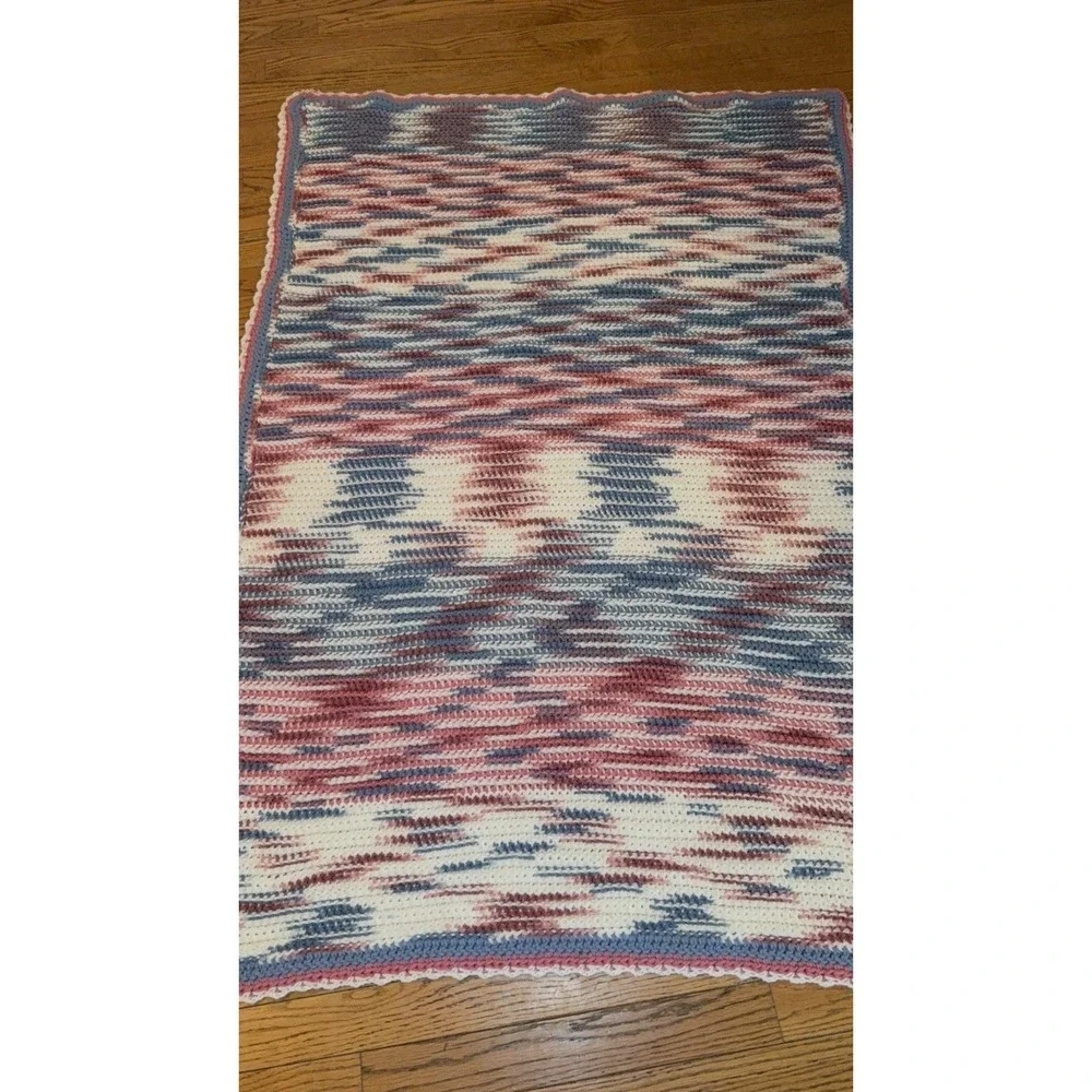 Handmade crochet afghan / throw blanket Pink Blue White Approximately 57.5x40.5